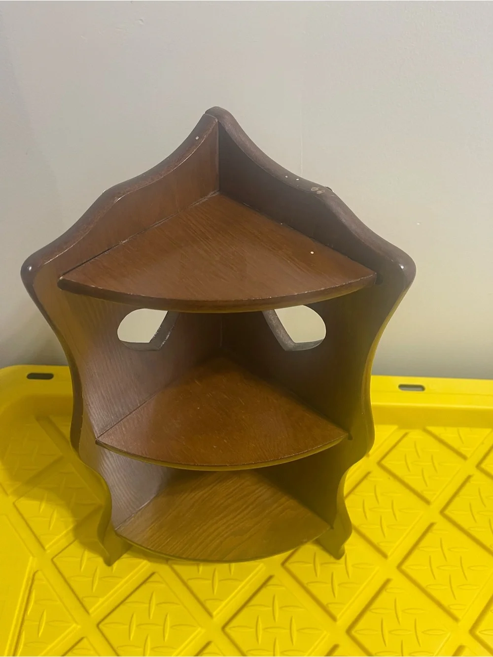 Vintage Wooden Corner Wall Shelf with Heart Cutouts - Brown